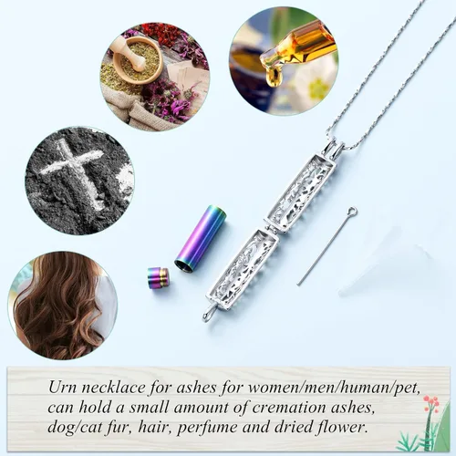 Vista 5 de Imrsanl Collar con colgante de urna de cremación con vial de cilindro hueco, urna de recuerdo, joyería de cremación, medallones conmemorativos