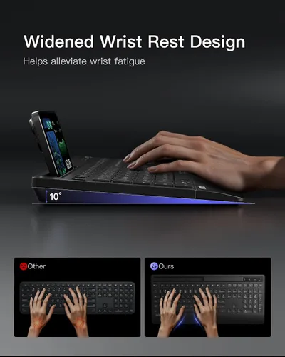 Vista 3 de Inateck Combo de teclado y mouse inalámbricos de tamaño completo para PC/Mac, silencioso Bluetooth de 2.4 GHz, reposamuñecas, soporte