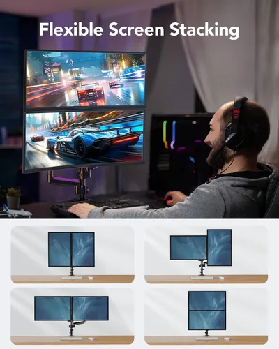 Vista 3 de HUANUO Soporte de monitor dual hasta 32 pulgadas, soporte de monitor más alto que sostiene 19.8 libras, brazo de monitor dual para escritorio