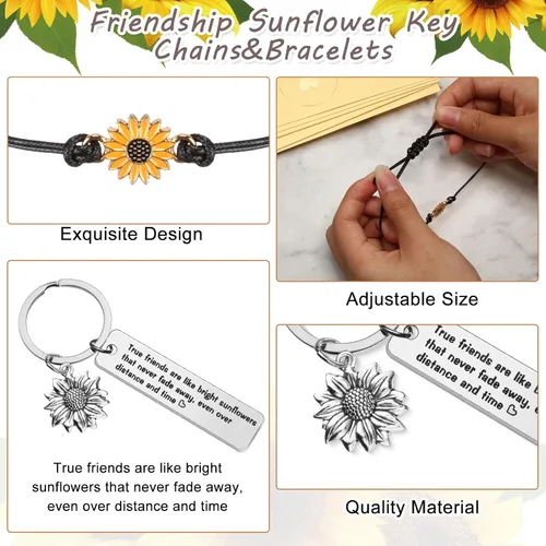 Vista 2 de Highergo 12 juegos de regalos de amistad incluyen 12 pulseras de girasol, 12 llaveros de girasol, 12 sobres, joyería inspiradora de agradecimiento