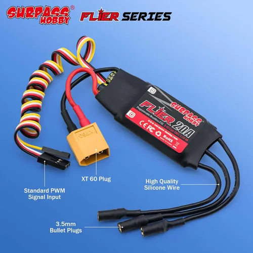 Vista 6 de Surpass 20A ESC sin escobillas 5.5V/4A BEC, XT60 y enchufe de 0.1 in para RC de ala fija