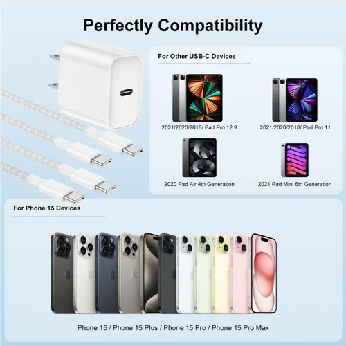 Vista 5 de Cargadores de carga rápida para iPhone 15 y 16, paquete de 20 cargadores de pared USB C de 20 W para iPhone 16 Pro Max con 2 cables USB C a C de 6