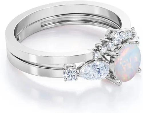 Vista 4 de Opal Ring Set Opal Engagement Rings for Women 10K 14K 18K Gold Opal Wedding Ring Set Bridal Sets Opal Anniversary Ring Promise Ring For Her Free
