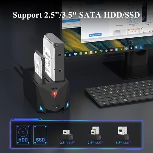 Vista 5 de FIDECO Estación de acoplamiento USB 3.2 Gen 1 a disco duro, base de disco duro para 2.5 o 3.5 pulgadas SATA I/II/III HDD SSD con duplicador de disco