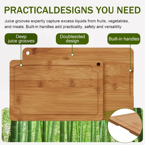 Vista 6 de Tablas de cortar de bambú para cocina, juego de tablas de cortar de madera con ranuras para jugos y asas incorporadas, fácil almacenamiento