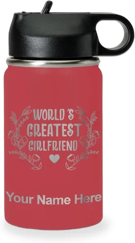 Vista 24 de LaserGram Botella de agua personalizada, World's Greatest Girlfriend, acero inoxidable de doble pared aislada al vacío con popote superior, regalo