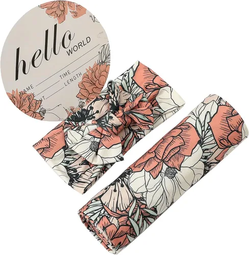 Vista 4 de Galabloomer - Conjunto de cobija para recién nacido con diadema, diseño de flores para envolver bebé, color almendra