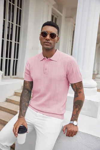 Vista 71 de COOFANDY Camisas polo de punto para hombre de manga corta con textura acanalada Camisas de golf casuales y ligeras con cuello Camiseta de polo