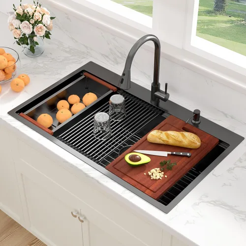 Vista 19 de Sarlai - Fregadero de cocina de cascada de 31 pulgadas, de montaje superior - 31x20 Fregadero de cocina con borde y estación de trabajo, de acero