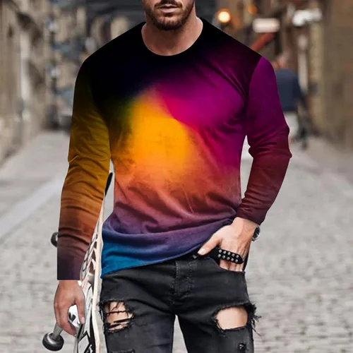 Vista 2 de Camisas de manga larga para hombre, blusas de moda de color degradado, blusas holgadas, ropa de calle, sin botones, estampado gráfico