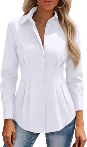 Vista 14 de siliteelon Camisas con botones para mujer, cintura ceñida, camisa de vestir de algodón de manga larga para negocios, casual, trabajo, oficina