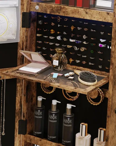 Vista 6 de Dystler Armario de joyería con espejo con almacenamiento Armario de joyería con espejo de longitud completa 360 giratorio y luces LED Organizador