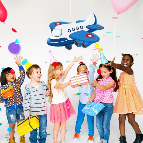 Vista 5 de Piñata de avión de 16.1 x 10.31 pulgadas, piñata patriótica roja, azul y blanca con palo para los ojos vendados, confeti, fiesta de cumpleaños