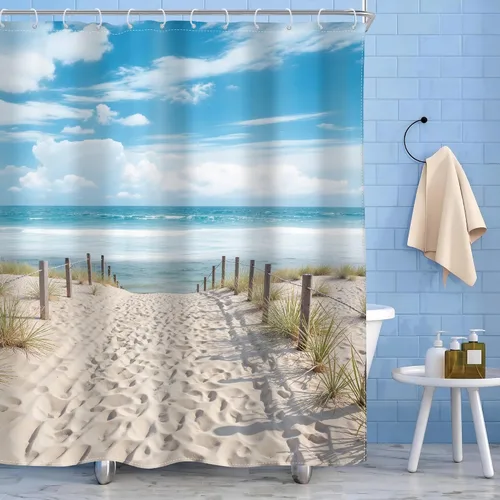 Vista 14 de Riyidecor Cortina de ducha con diseño de tortuga marina, playa, océano, náutico, versículo bíblico náutico, pez azul cristiano, conchas marinas