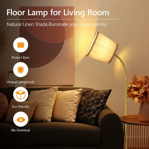 Vista 2 de AUQUEE - Lámpara de pie LED, lámpara de pie ajustable con pantalla de lino para sala de estar, luz de lectura moderna de cuello de ganso ajustable