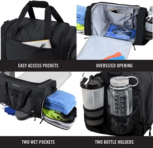 Vista 3 de Ultimate Gym Bag 2.0 La bolsa de lona duradera diseñada por Crowdsource con 10 compartimentos óptimos, incluida la bolsa resistente al agua, Negro