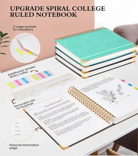 Vista 5 de Cuaderno Diario de Espiral 8.5" x 11", 300 Páginas de Tapa Dura con Forro de Cuero para Mujeres y Hombres, Cuadernos A4 Grandes con Rayas