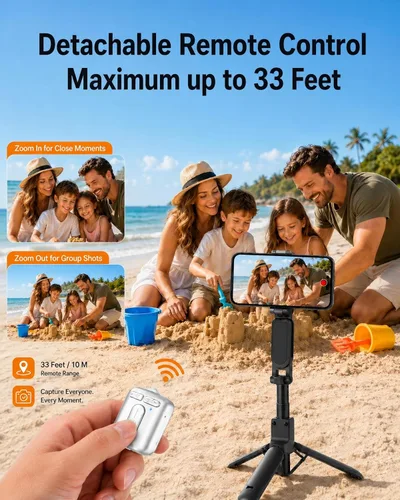 Vista 4 de Mini trípode magnético para selfie stick para iPhone y Android, tamaño de bolsillo de 19 pulgadas, agarre de cámara de teléfono 4 en 1 con control