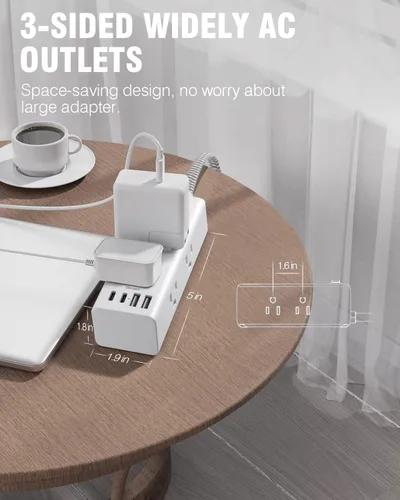 Vista 6 de One Beat Cable de extensión corto de 1 pie, regleta de alimentación de enchufe plano, 6 salidas amplias con 3 puertos USB (1 USB C), regleta