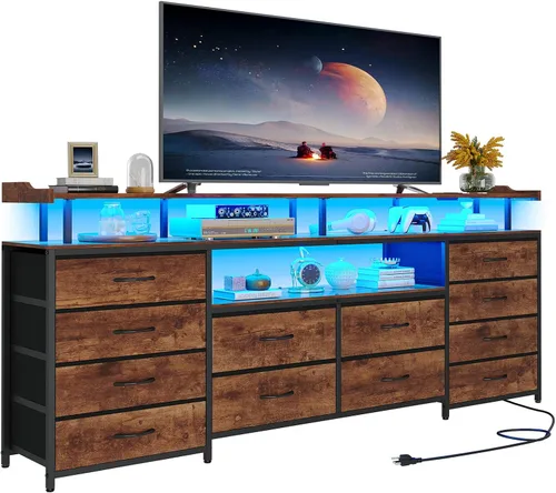 Vista 9 de HAUOMS Soporte de TV Cómoda para TV de 65 Pulgadas, 63" de Ancho con Luces LED y Tomas de Corriente, Cómoda Larga Gris con 12 Cajones de Tela