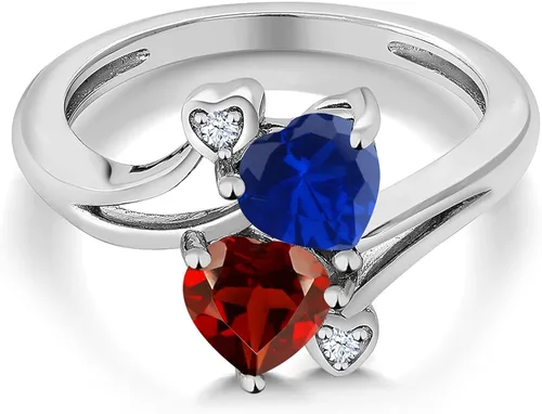 Vista 2 de Gem Stone King Anillo de plata de ley 925 con zafiro creado en azul y granate rojo para mujer