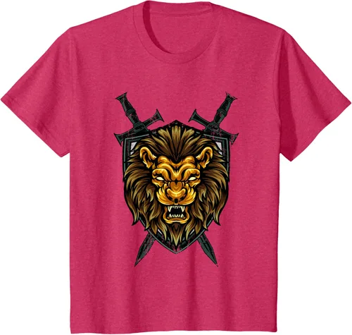 Vista 48 de Camiseta con diseño de caballero medieval renacentista, con diseño de espada de león, Negro, S