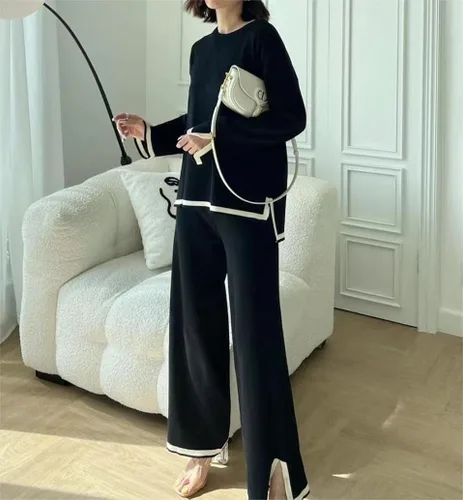 Vista 5 de VELISDE Conjunto de 2 piezas de suéter para mujer, conjunto de punto de manga larga, sin botones, pantalones de pierna ancha