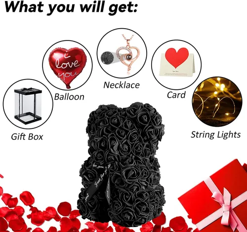 Vista 2 de U UQUI - Oso de peluche de rosas de Navidad, regalo para el Día de San Valentín, para esposa, novia, oso de peluche artificial en caja con tira