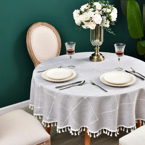 Vista 21 de Mantel redondo a cuadros de 36 pulgadas de algodón y lino, mantel redondo grueso, cubierta para mesa de café para casa de campo, cocina, comedor