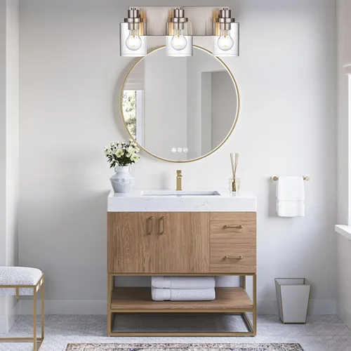 Vista 5 de Lámpara de tocador de baño de 3 luces de níquel cepillado, accesorios de iluminación sobre espejo con pantalla de vidrio transparente, modernos