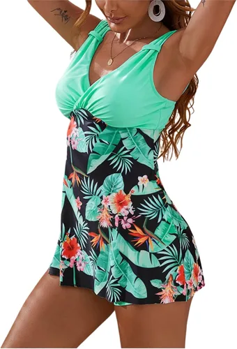 Vista 3 de ESPRLIA Traje de baño de 2 piezas para mujer con control de abdomen y pantalones cortos con cuello en V