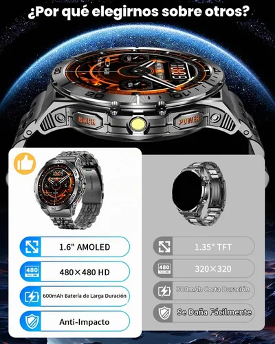 Vista 8 de Military Smart Watch for Men (2 Bands), AMOLED Rugged Tactical Smartwatch with Flashlight & Bluetooth Call, Waterproof Fitness Tracker with 116