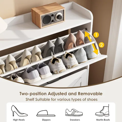 Vista 6 de Nicetree - Zapatero con 2 cajones abatibles, organizador de zapatos independiente, zapatero con patas de metal, estante estrecho para entrada, Blanco