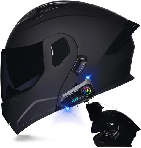 Vista 19 de Casco modular Bluetooth para motocicleta, aprobado por DOT, de cara completa, abatible, antivaho, doble visera, casco de motocicleta de calle, LENTE