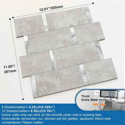 Vista 5 de Azulejos de Metro de Cocina Mate Peel and Stick Backsplash Azulejos Autoadhesivos para Pared de Baño Impermeables Paneles de Mosaico de Metal y Gris