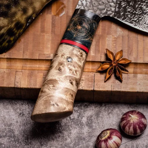 Vista 8 de Damascus Kitchen - Cuchillo chino de 7.5 pulgadas profesional hecho a mano con mango de madera estabilizado para carne y verduras en el hogar