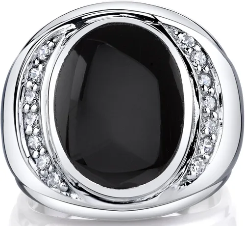 Vista 2 de Peora Anillo de sello de ónix negro genuino para hombre, plata de ley 925, grande, 0.591 x 0.472in, forma ovalada, tamaños 8 a 13, Metal precioso