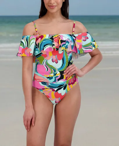 Vista 4 de BCBGMAXAZRIA Traje de baño estándar de una pieza para mujer, con hombros descubiertos, control de abdomen, de secado rápido