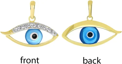 Vista 2 de Colgante de oro amarillo de 14 quilates delicado azul abierto contra el mal de ojo con piedras de circonita cúbica, Vidrio Esmalte, Circonita Cúbica