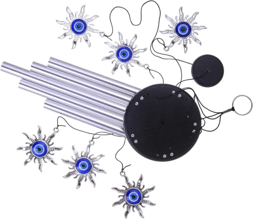 Vista 4 de Campanillas de viento azules con ojo maléfico para decoración exterior, atrapavientos móvil con sol y ojo maléfico, campanas de viento con sol y ojo