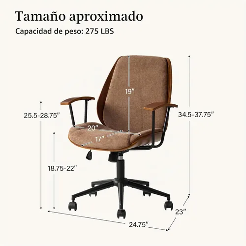 Vista 2 de HULALA HOME Silla de oficina de madera maciza con función mecedora, cómoda silla de escritorio de tela con base de madera doblada y metal, silla