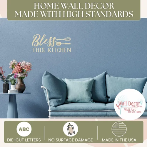 Vista 2 de Bless This Kitchen - Calcomanías para pared, vinilo mate, refranes para decoración de pared, arte de pared de vinilo troquelado, calcomanías Beige