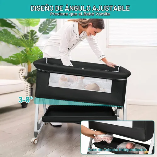 Vista 5 de VOOI Moisés para bebé junto a la cama, moisés mecedor 3 en 1 para bebé, moisés junto a la cama con ruedas, altura ajustable, cesta