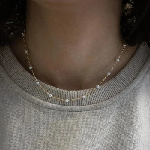 Vista 5 de Delicado collar de perlas chapado en oro de 14 quilates, bonito collar de perlas individuales elegante gargantilla de perlas pequeñas delicadas