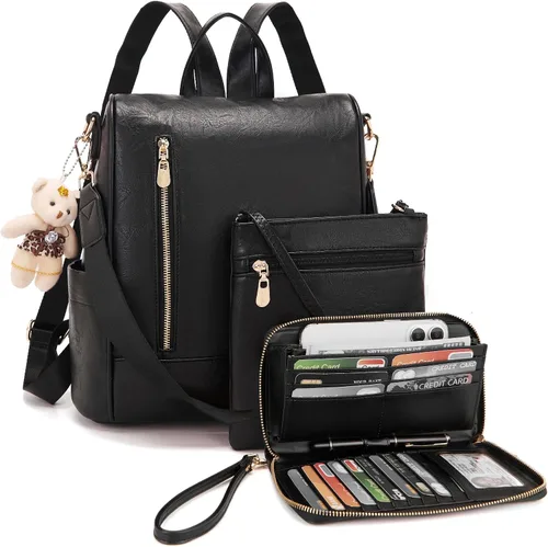 Vista 10 de Soperwillton Mochila de moda para mujer, bolso de hombro de cuero antirrobo, bolsa de viaje, múltiples bolsillos, cartera, juego de 3 piezas