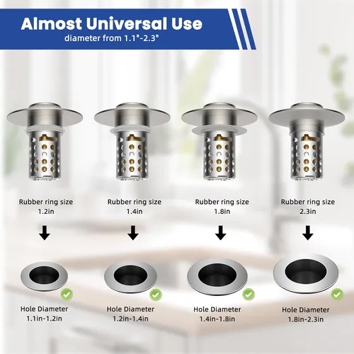 Vista 5 de Colador universal para desagüe de lavabo de baño atrapa cabellos, 2 piezas mejoradas con cesta de filtro de acero inoxidable extraíble, tapón