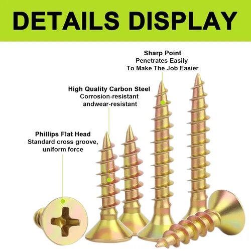 Vista 3 de #4 Kit surtido de tornillos de madera pequeños de cabeza plana, 420 piezas, tornillo corto Phillips, chapado en zinc amarillo, montaje de bisagra
