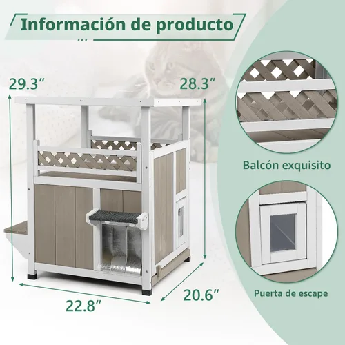 Vista 3 de PetsCosset Casa para gatos al aire libre resistente a la intemperie, refugio de gatos de dos pisos para exteriores, condominio interior para gatos