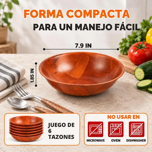 Vista 2 de HYQO - Juego de 6 cuencos de madera para ensalada, 7.9 pulgadas, 9 onzas Marrón