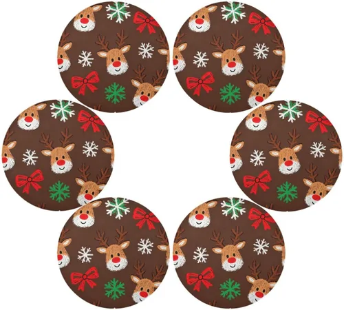 Vista 3 de Manteles individuales de Navidad con lazo y ciervos marrones para mesa de comedor, tejido redondo, reutilizables, para bebé, juego de 4 manteles